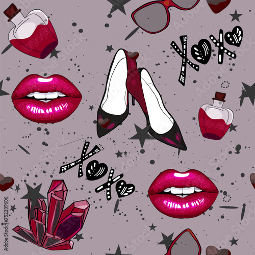 Lips, scarlet shoes, fashion seamless illustration. Fashionable stylish pattern. Print for wrapping paper. textiles, preparation for designers