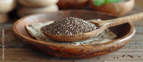 A wooden spoon filled with chia seeds placed on a table. photo