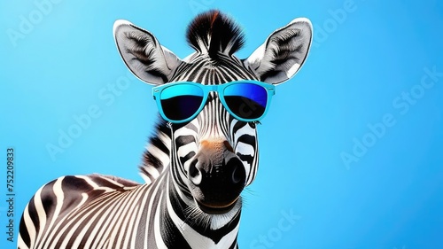Portrait of a zebra with glasses on a blue background. The concept of vision  rest. Creative design. Space for text  free space  space for copying.