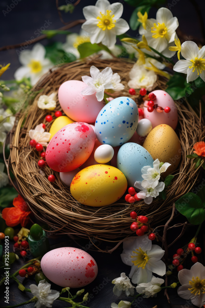 Beautiful Easter Abstract Background with Easter Eggs in the Nest