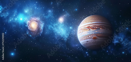 A detailed Jupiter-like planet against a vibrant galaxy backdrop, showcasing a radiant nebula and stars illuminating the cosmic scene.