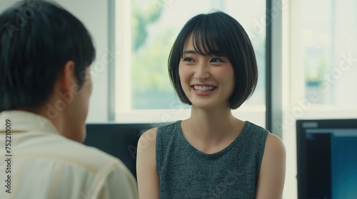 portrait of young Japanese woman smiling talking with co-working friend in office, Generative Ai