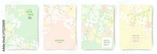 Spring trendy backgrounds with blooming branches and pink flowers. Cute abstract pastel vector templates for poster, invitation, card, flyer, cover, banner, brochure, social media, sale, advertising