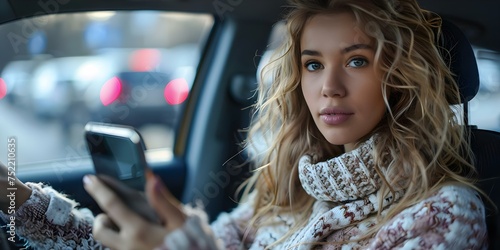 A young woman using a smartphone inside a car. Concept Indoor Photoshoot, Young Woman, Smartphone, Car Interior, Technology