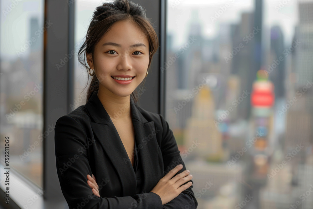 Asian businesswoman wearing black suit standing in modern office
