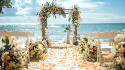 arbor decorated with flowers on the beach photo