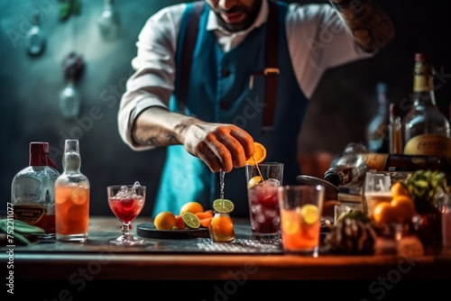 A man is standing in a bar, pouring a liquid from a bottle into a glass. Young bartender on the workplace. Shelves with bottles of alcohol in the background
