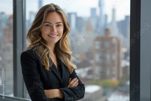 Free Download Caucasian businesswoman wearing black suit standing in modern office - GFXLoad