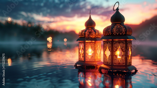 Illuminated Islamic lanterns set against a backdrop of a serene lake, creating a picturesque scene for Eid Mubarak greeting cards. 8K © Rafay Arts