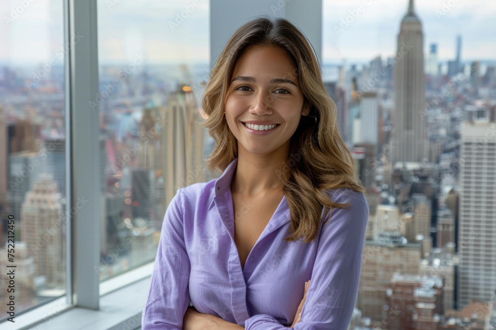 Hispanic businesswoman wearing purple formal shirt standing in modern office