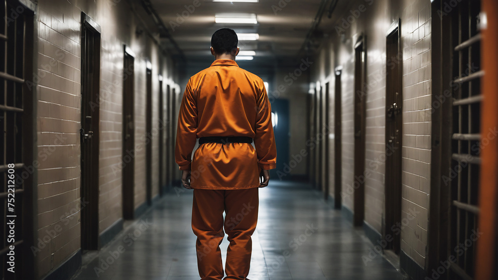 Back view prisoner in a prison corridor with orange uniform and chained ...