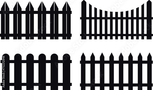 Silhouette fence set. Four isolated timber fences. Flower bed border. Simple black and white village yard fence icon set