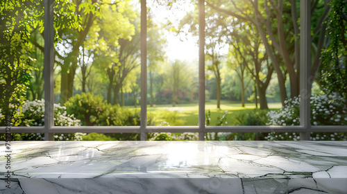 Empty white stone marble table top and blurred of in green park. © GarlicDesign