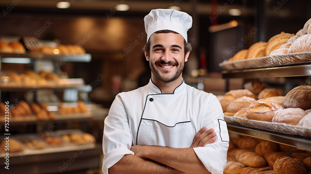 Smiling Baker in Bakery Department in Groceries. Bakery shop with baker old