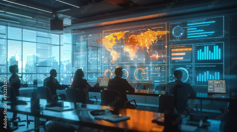 A group of people are sitting at a table in front of a large screen displaying a map of the world A group of people are sitting at a table in front of a large screen displaying a map of the world