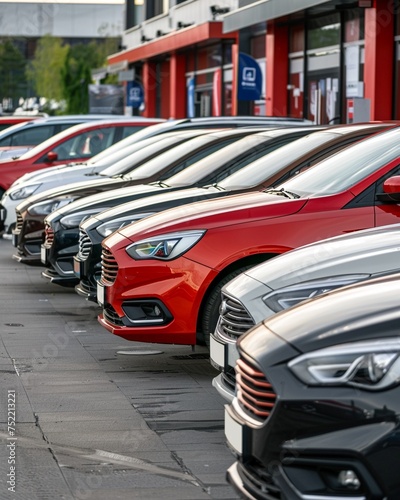 A fleet of cars parked outside a car rental office © 1st footage