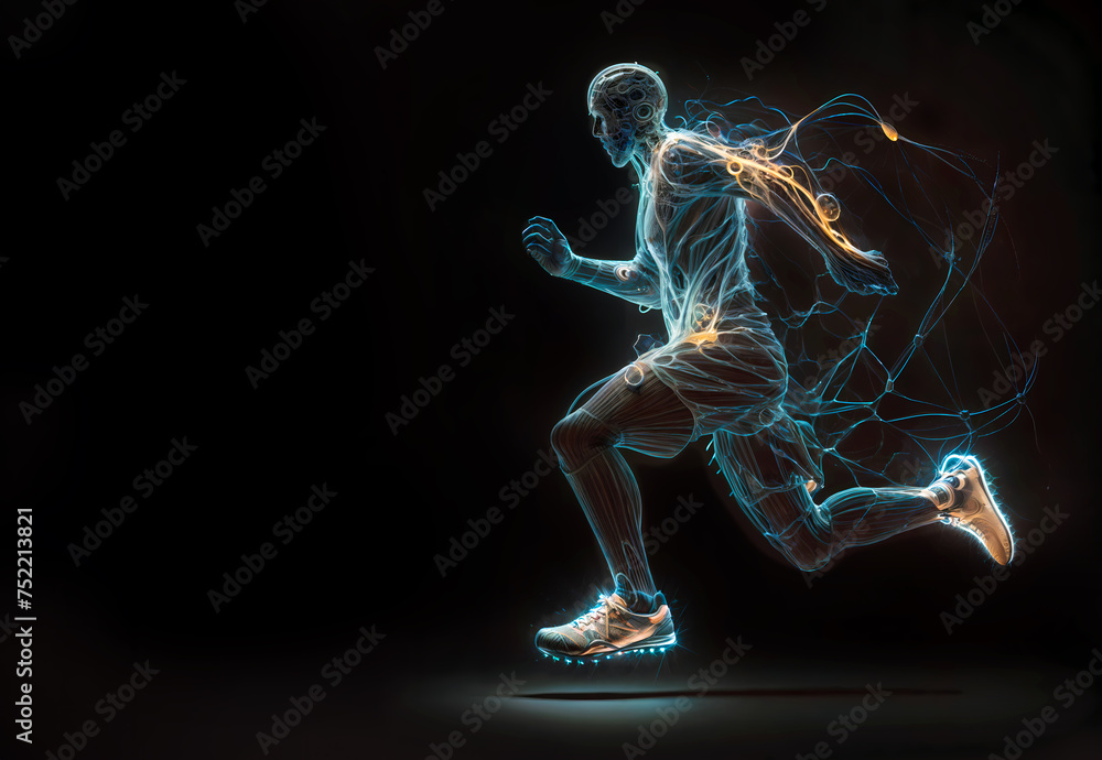 Soccer player in motion running wearing a pair of sneakers and made of blue lines and a trail of yellow sparks behind him on black background. Copy space for text or design Soccer player in motion running wearing a pair of sneakers and made of blue lines and a trail of yellow sparks behind him on black background. Copy space for text or design