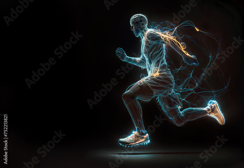 Soccer player in motion running wearing a pair of sneakers and made of blue lines and a trail of yellow sparks behind him on black background. Copy space for text or design