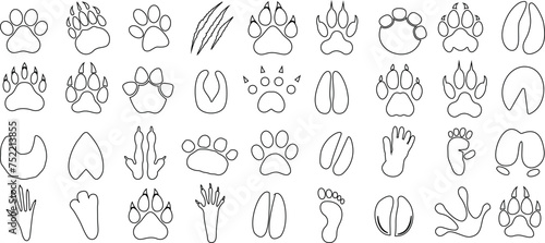 Animal paw prints vector collection, diverse set, simple line art, ideal for educational content, wildlife conservation awareness, artistic projects