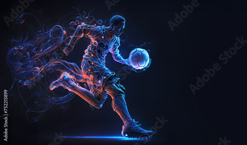 Soccer player made of blue and orange neon fibers in motion running with a soccer ball on black background. Copy space for text or design