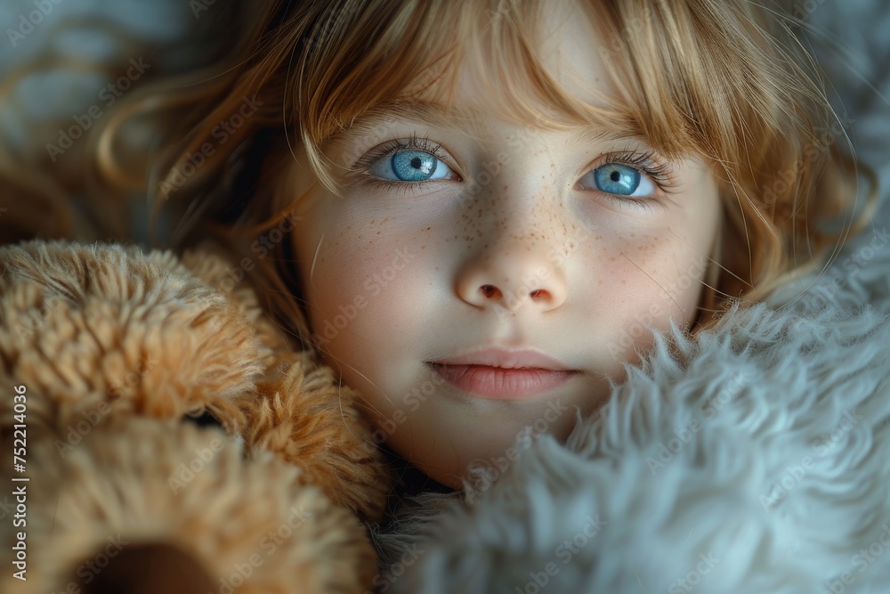 Serene close-up of a young girl with blue eyes clutching her teddy bear Serene close-up of a young girl with blue eyes clutching her teddy bear