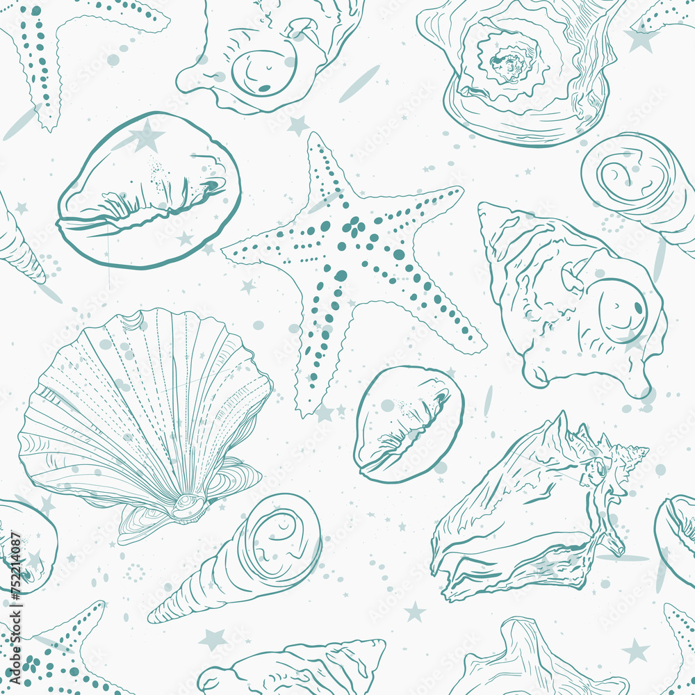 Sea shells, starfish, fashion seamless illustration. Fashionable summer stylish pattern. Print for wrapping paper. textiles, preparation for designers Sea shells, starfish, fashion seamless illustration. Fashionable summer stylish pattern. Print for wrapping paper. textiles, preparation for designers
