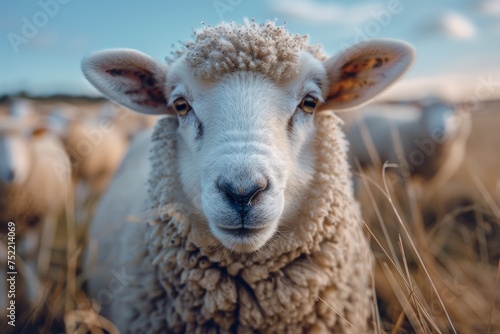 A domesticated sheep looks at the camera with a backdrop of a flock and sunset in a serene field