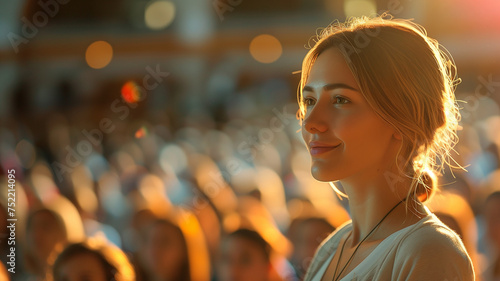 young smiling girl against the backdrop of many people sitting in the hall