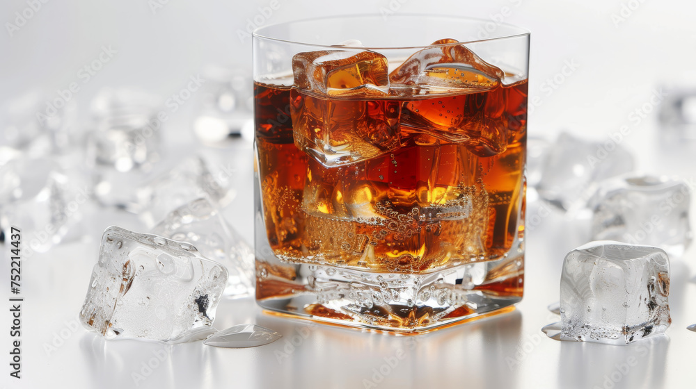 glass with whiskey and ice on white background glass with whiskey and ice on white background