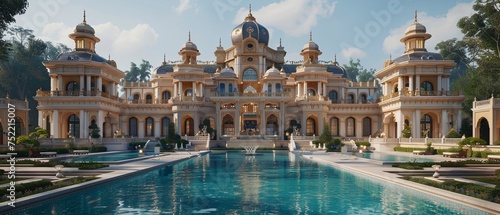 Landscape of Luxury Mansions  Unreal Engine 3D  Daytime fountain in the park