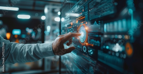 A Hand Reaching Out to a Futuristic Holographic User Interface on a Server Rack in a Data Center