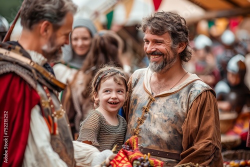 Happy Medieval Family Enjoying a Festive Fair, Smiling Father and Daughter in Historical Costumes photo