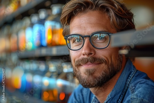 A close-up image of a man with stylish eyewear in front of a blurry bookshelf background