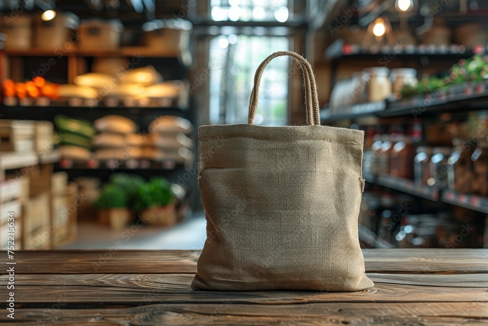 Mockup cloth bag on wooden table at supermarket. Generative AI