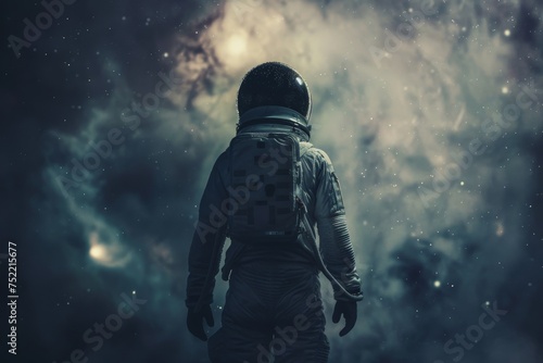 A man in a space suit stands in front of a cloudy sky