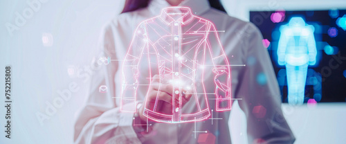 Designer showcases clothing design with a sewing tool icon against a holographic white background, blending creativity and technology in fashion innovation.