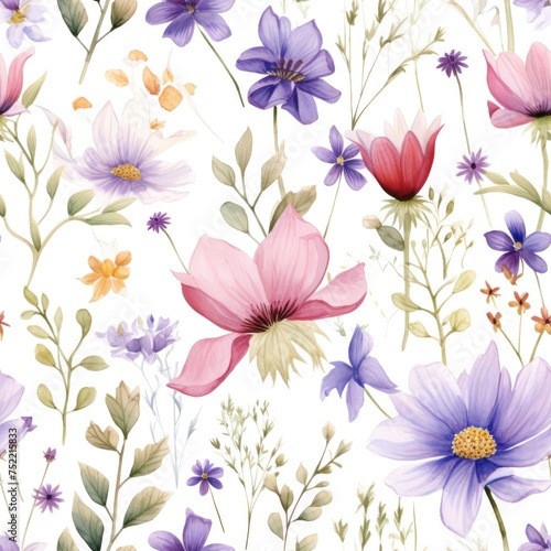 Seamless pattern of watercolor field flowers white background