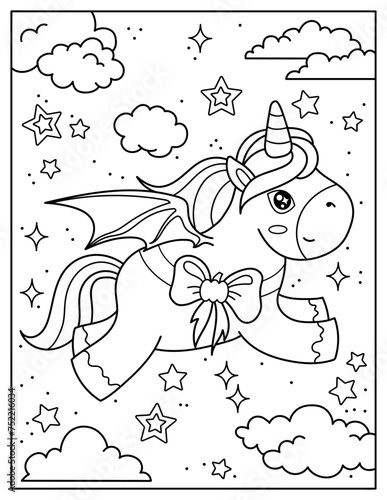 Cute unicorn with wings for Halloween. Coloring book for children. Coloring book for adults. Halloween.