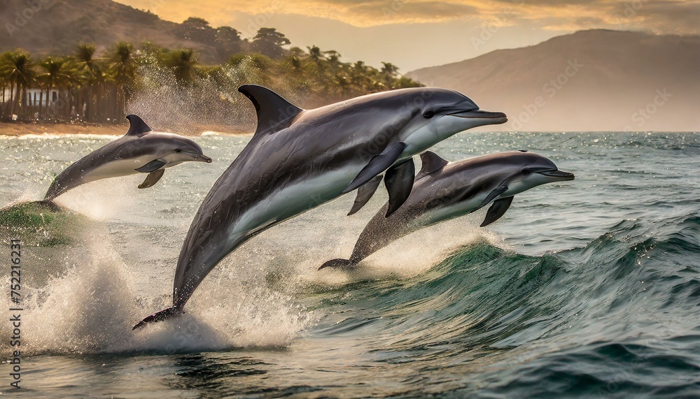 Obraz premium Several jumping dolphins in the water
