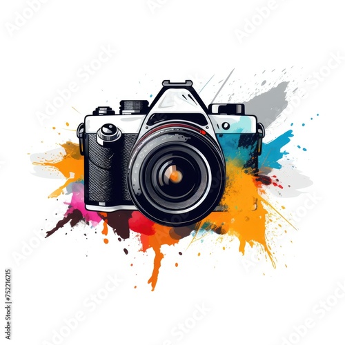 Simple graphic logo of color photo camera with splashes on white background.