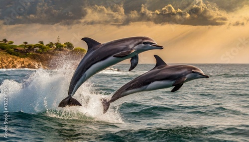 Several jumping dolphins in the water © melih 