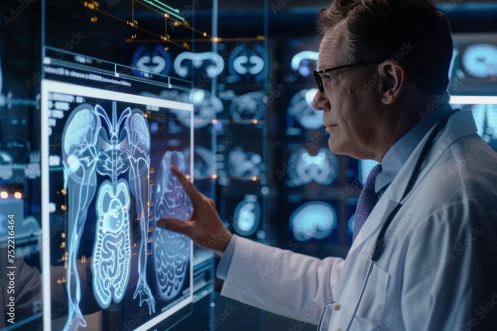 Specialist examining internal organ visuals on innovative display Specialist examining internal organ visuals on innovative display