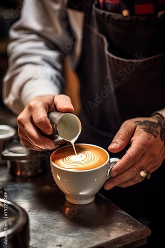 Barista pouring latte foam over coffee, espresso and creating a perfect latte art. Ai Generative