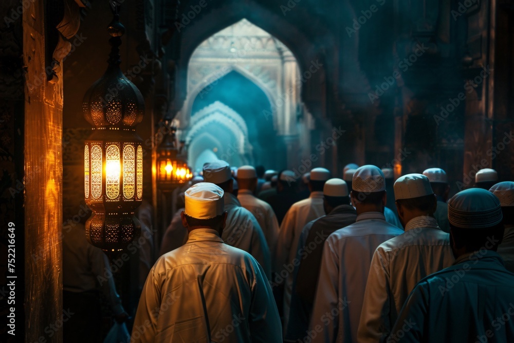 Group of moslem walking in the hallway of mosque at night with light ambience of lantern