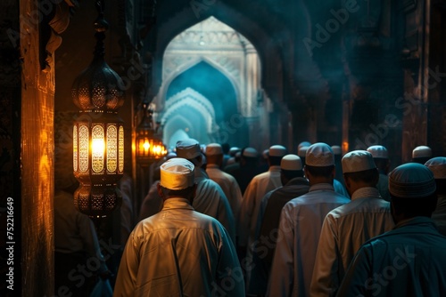 Group of moslem walking in the hallway of mosque at night with light ambience of lantern