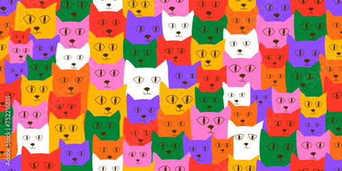 Diverse colorful cat crowd seamless pattern . Multi color rainbow cartoon funny characters doodle style. Abstract background concept. Vector illustation