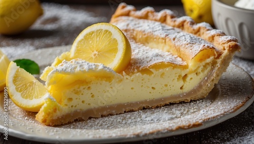 Pie with fresh lemons and powdered sugar. Delicious pastry. Fresh sweet dessert for breakfast. Tasty citrus cake. Nutritious sweet bakery food.