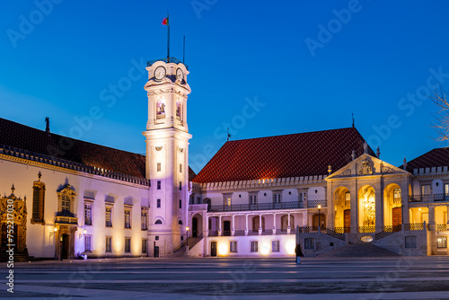 The iconic view of the Coimbra university at night, Portuga