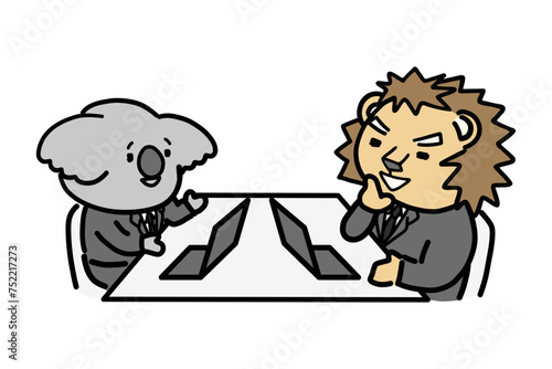 説明をする部下と納得する上司　動物のキャラクター