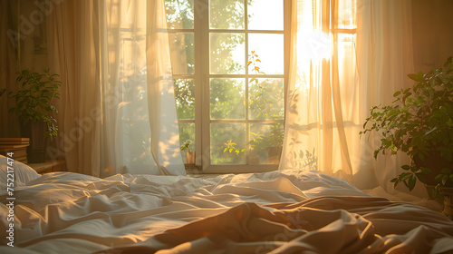 A tranquil image of sunlight streaming through sheer curtains into a bedroom, signaling the start of a new day and inviting a sense of calm and serenity.